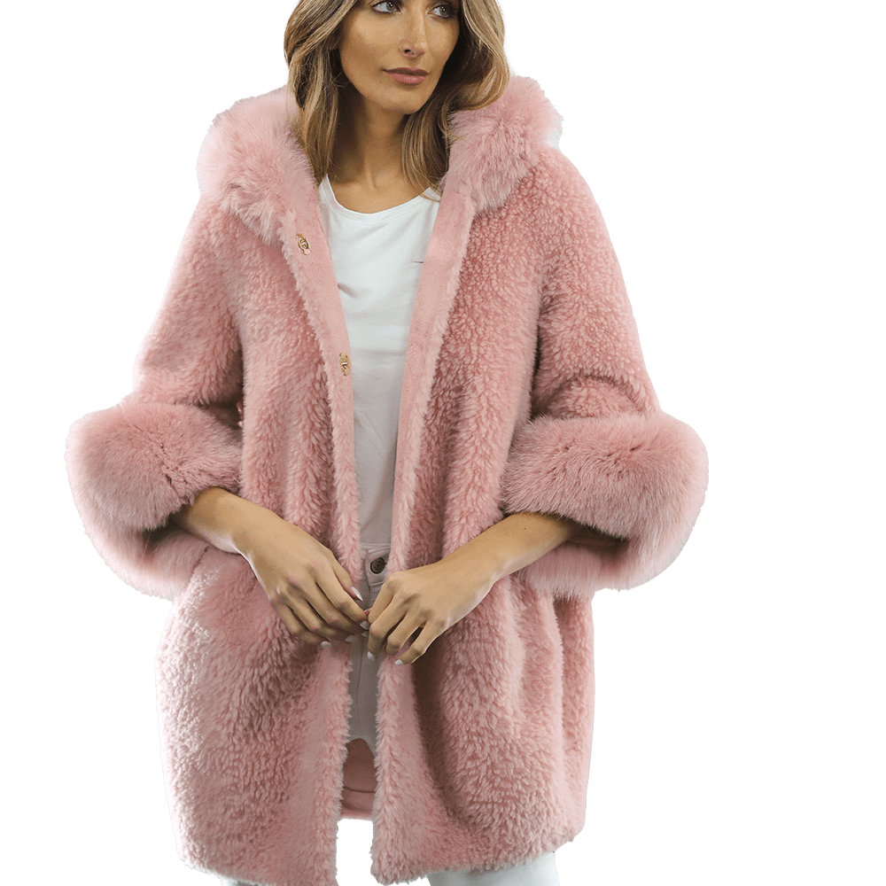 Teddy Coat with Fox Trim Hood/Cuffs - Pink - Coat - La Fiorentina TNF211_PINK