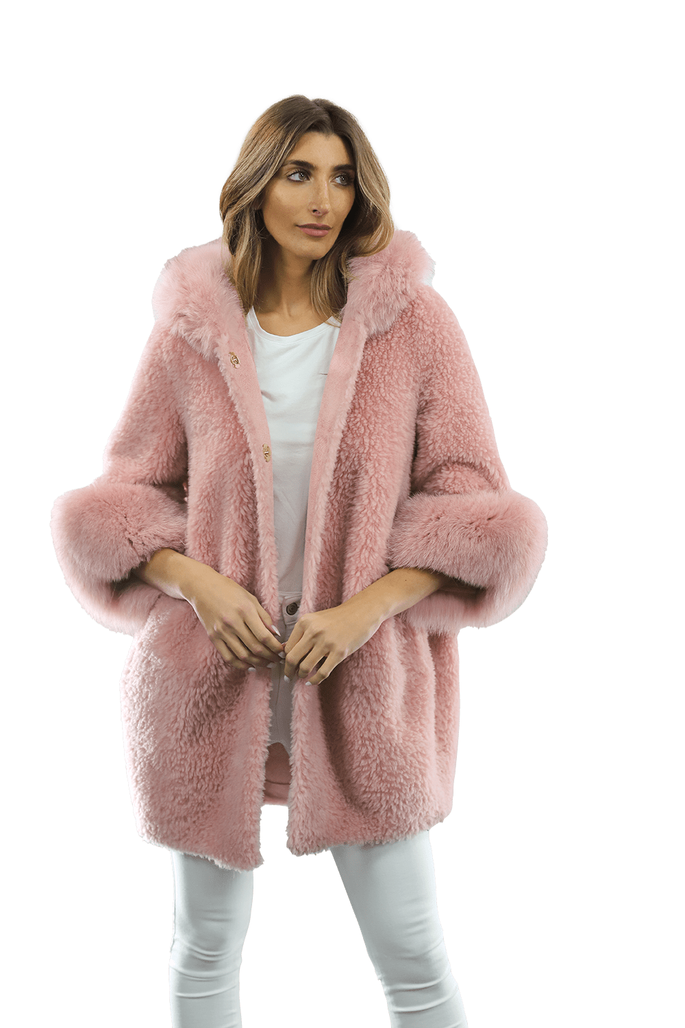 Teddy Coat with Fox Trim Hood/Cuffs - Pink - Coat - La Fiorentina TNF211_PINK