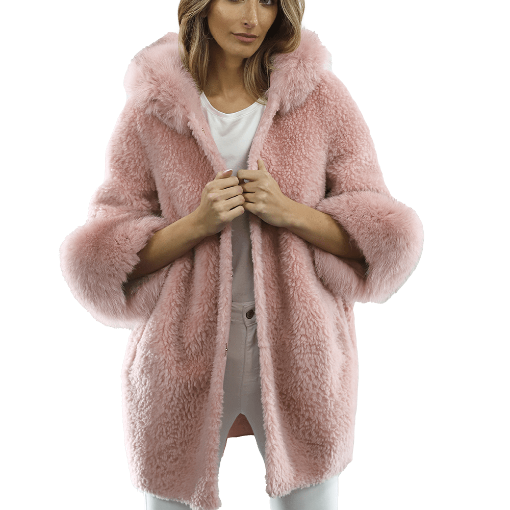 Teddy Coat with Fox Trim Hood/Cuffs - Pink - Coat - La Fiorentina TNF211_PINK