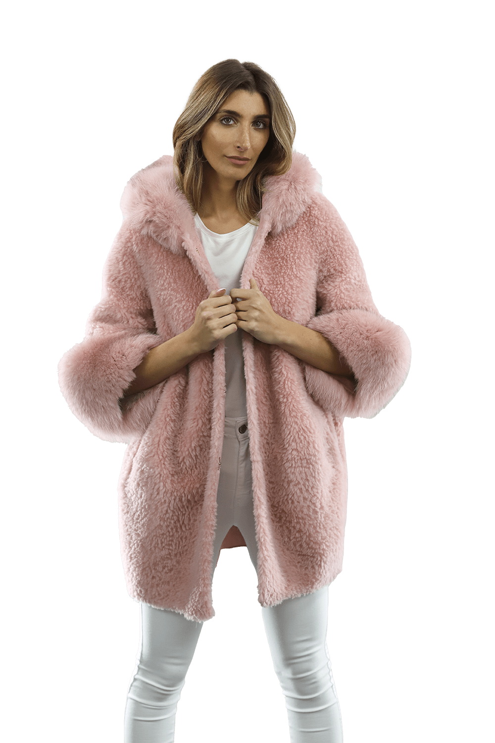 Teddy Coat with Fox Trim Hood/Cuffs - Pink - Coat - La Fiorentina TNF211_PINK