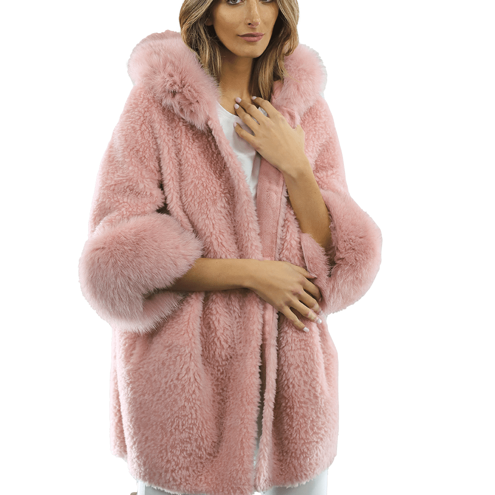 Teddy Coat with Fox Trim Hood/Cuffs - Pink - Coat - La Fiorentina TNF211_PINK