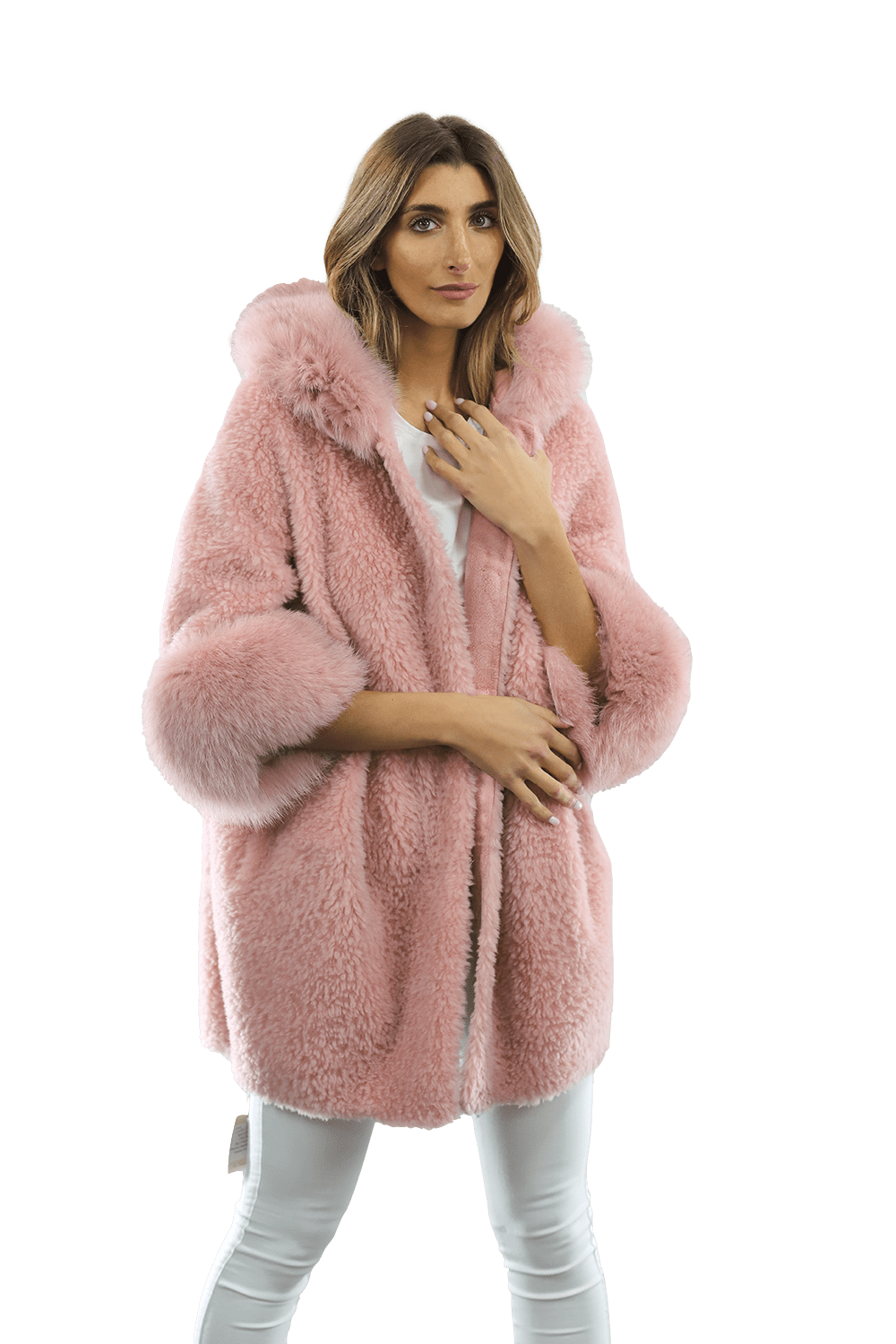 Teddy Coat with Fox Trim Hood/Cuffs - Pink - Coat - La Fiorentina TNF211_PINK