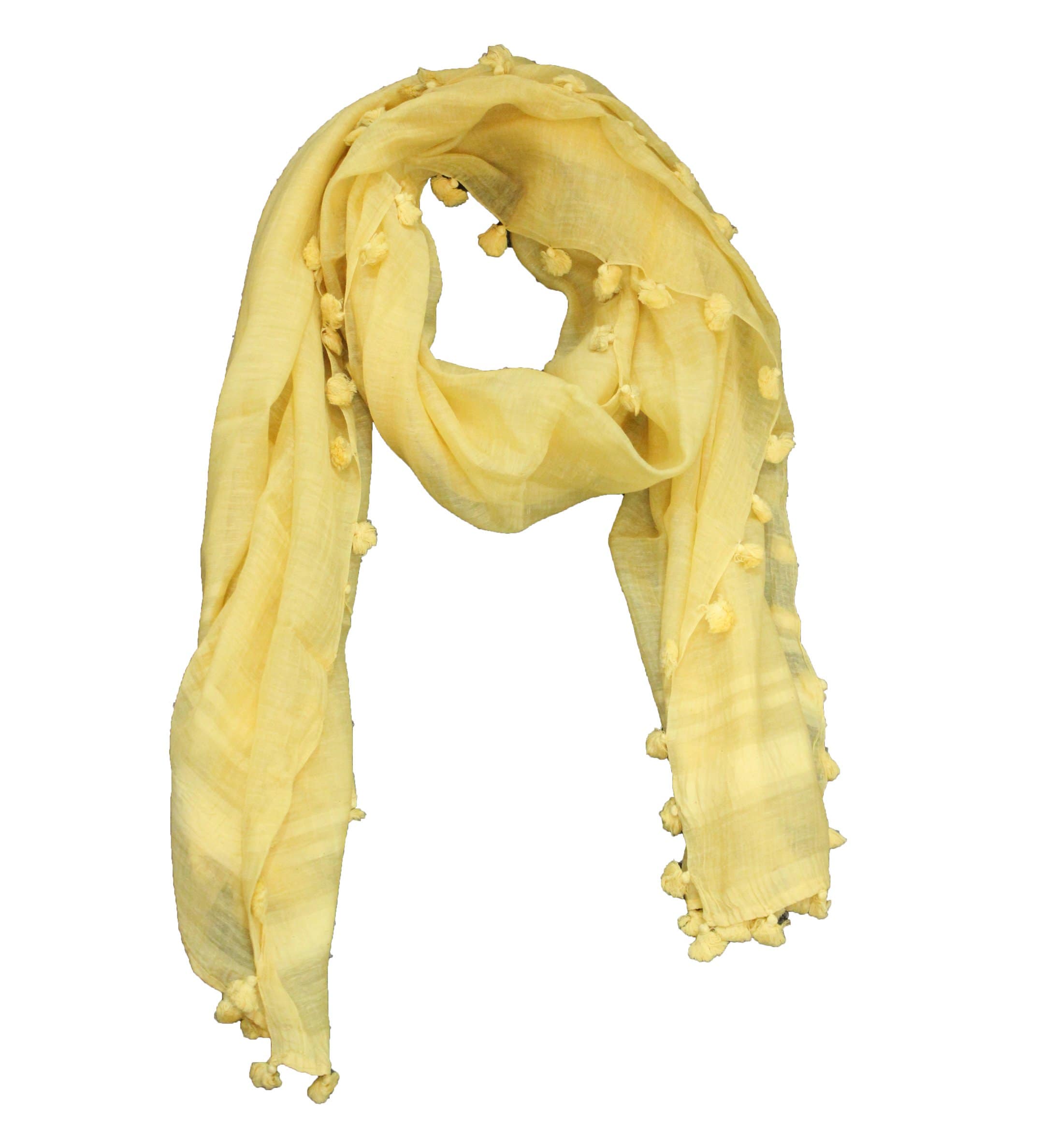 Thin Gauze Scarf With Poms-Yellow -  - La Fiorentina EF-2188L