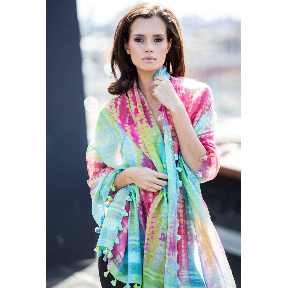 Tie Dye Pom Pom Scarf - Green/Pink - Scarf - La Fiorentina EF-2804