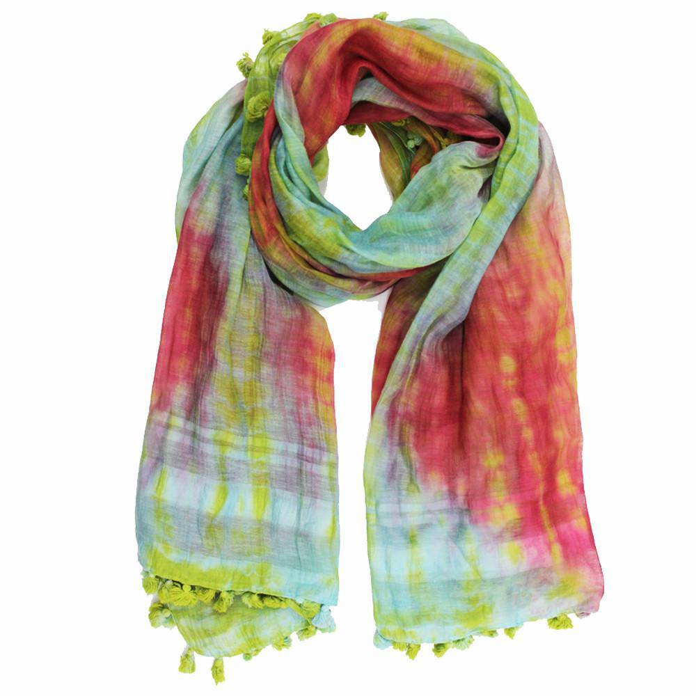 Tie Dye Pom Pom Scarf - Green/Pink - Scarf - La Fiorentina EF-2804