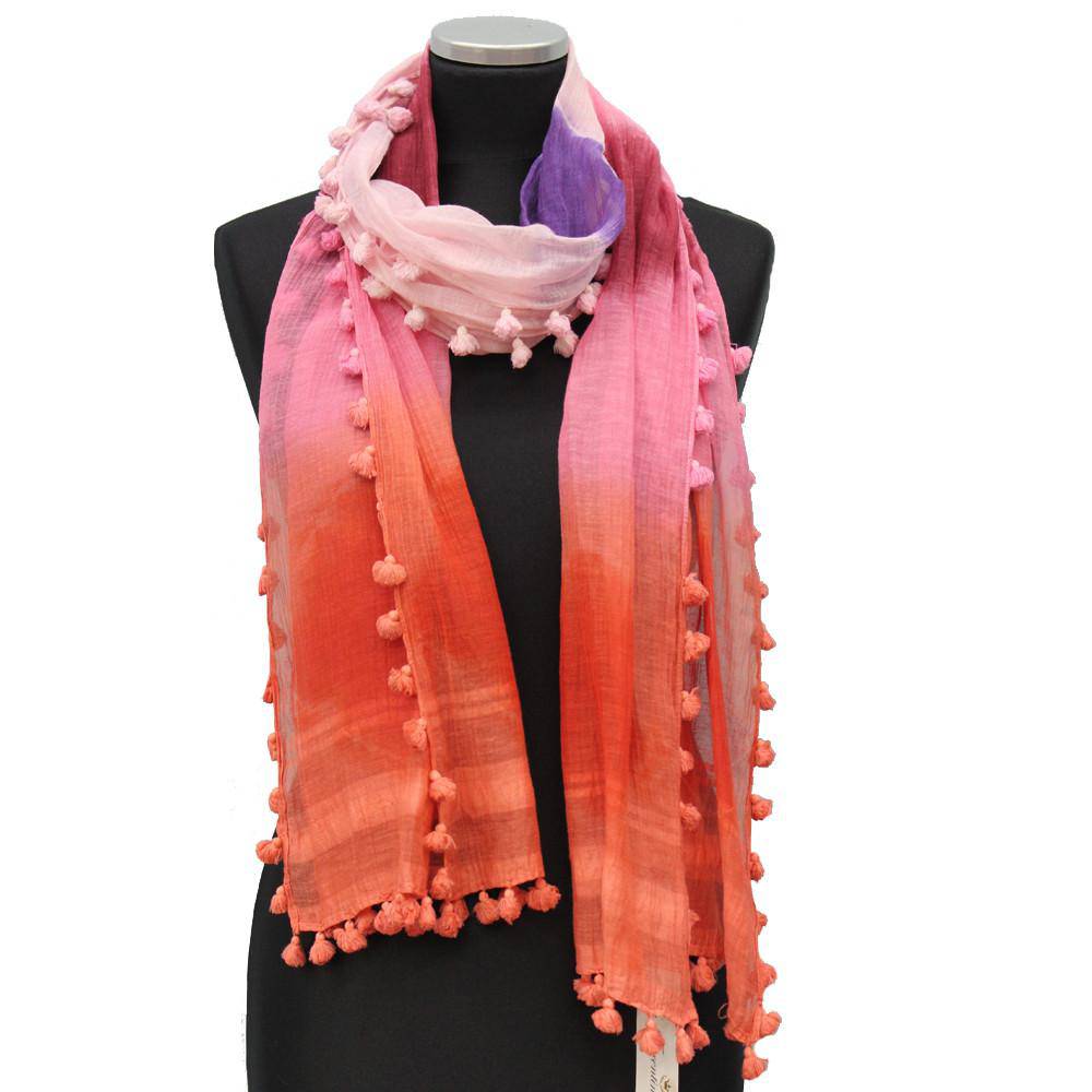 Tie Dye Print Scarf w/ Pom Tassels - Pink Combo - Scarf - La Fiorentina EF-2111