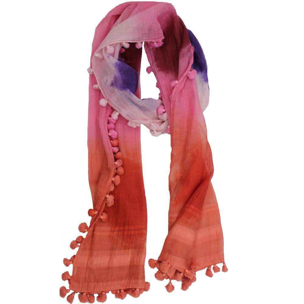 Tie Dye Print Scarf w/ Pom Tassels - Pink Combo - Scarf - La Fiorentina EF-2111