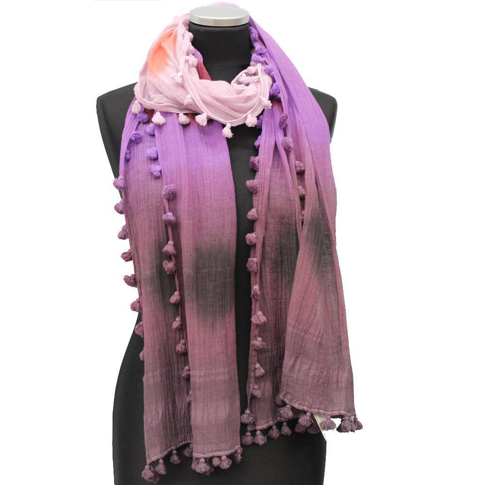 Tie Dye Print Scarf w/ Pom Tassels - Plum Combo - Scarf - La Fiorentina EF-2111
