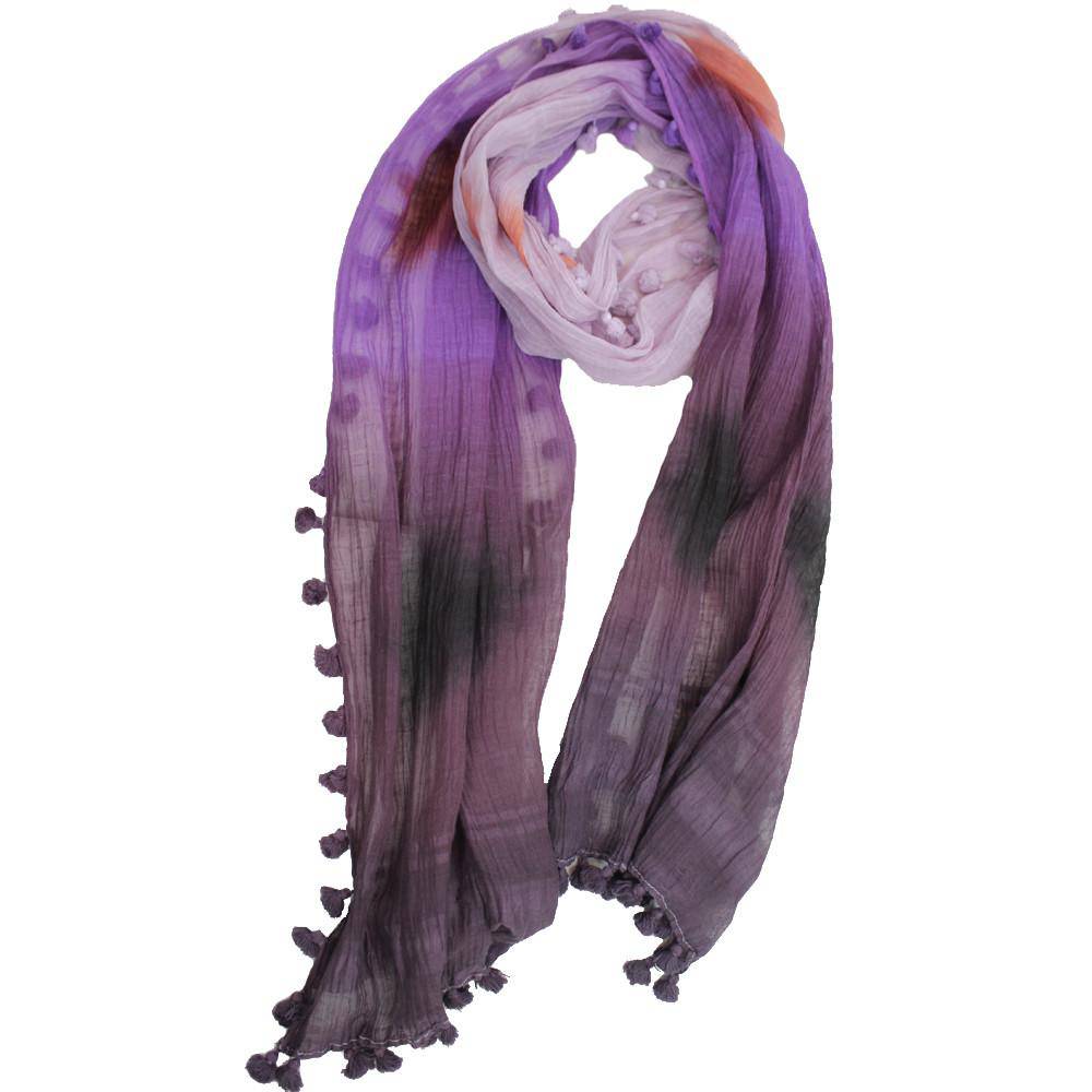 Tie Dye Print Scarf w/ Pom Tassels - Plum Combo - Scarf - La Fiorentina EF-2111
