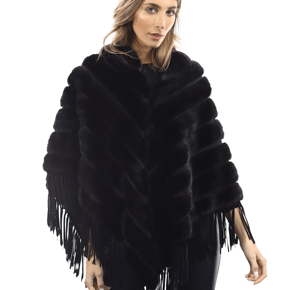 Tonal Ribbed Mink Poncho with Leather Fringes - Black - Poncho - La Fiorentina D5807_BLACK