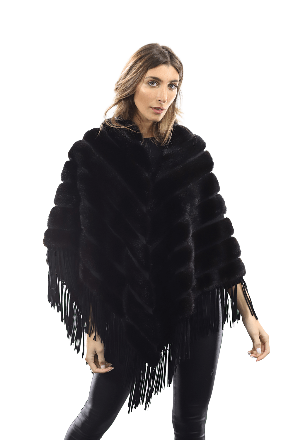 Tonal Ribbed Mink Poncho with Leather Fringes - Black - Poncho - La Fiorentina D5807_BLACK