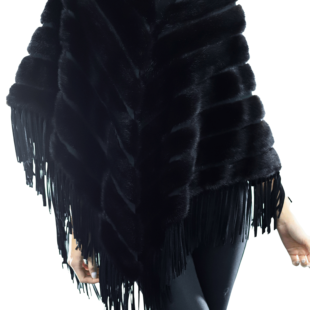 Tonal Ribbed Mink Poncho with Leather Fringes - Black - Poncho - La Fiorentina D5807_BLACK