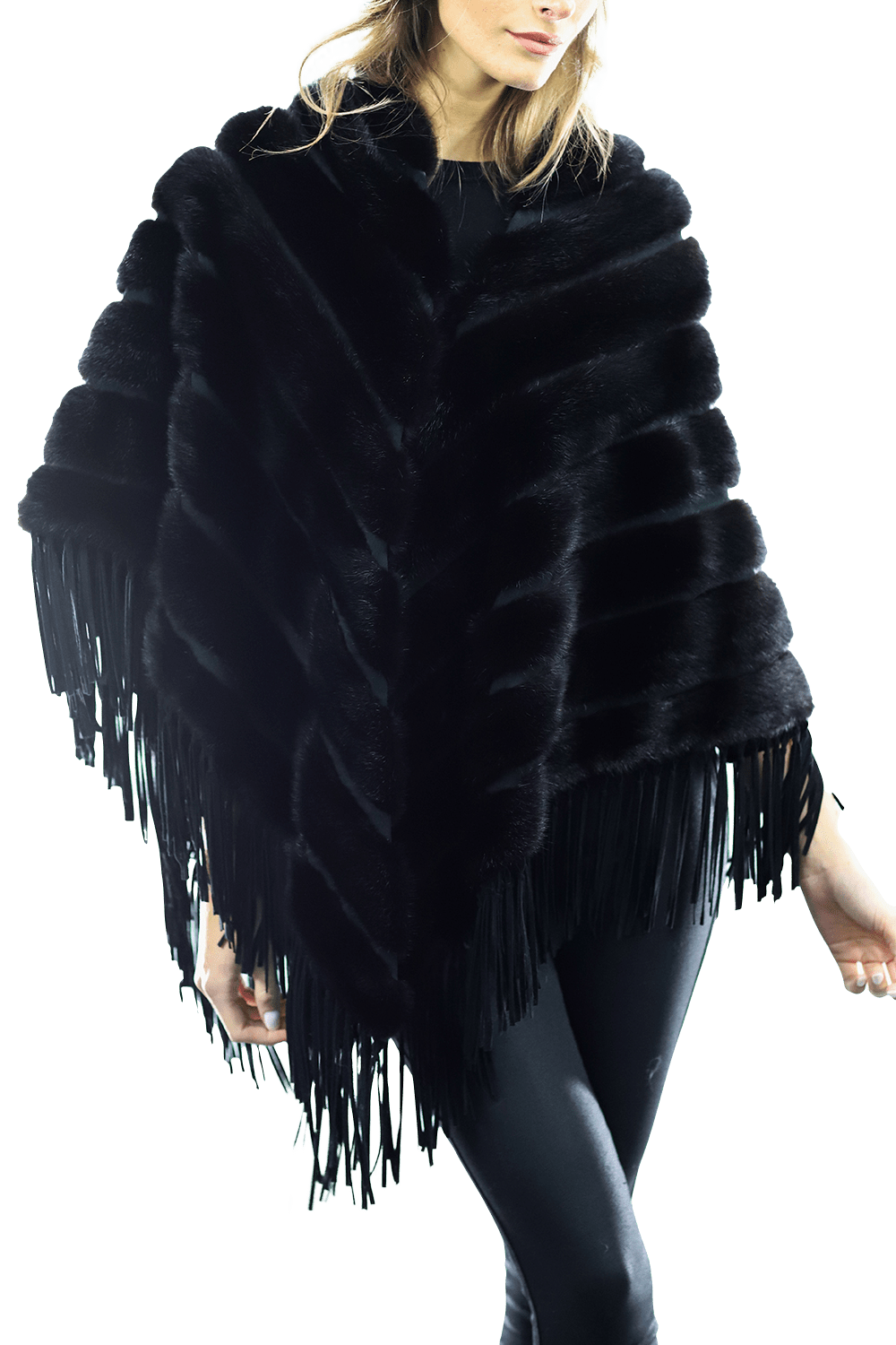 Tonal Ribbed Mink Poncho with Leather Fringes - Black - Poncho - La Fiorentina D5807_BLACK