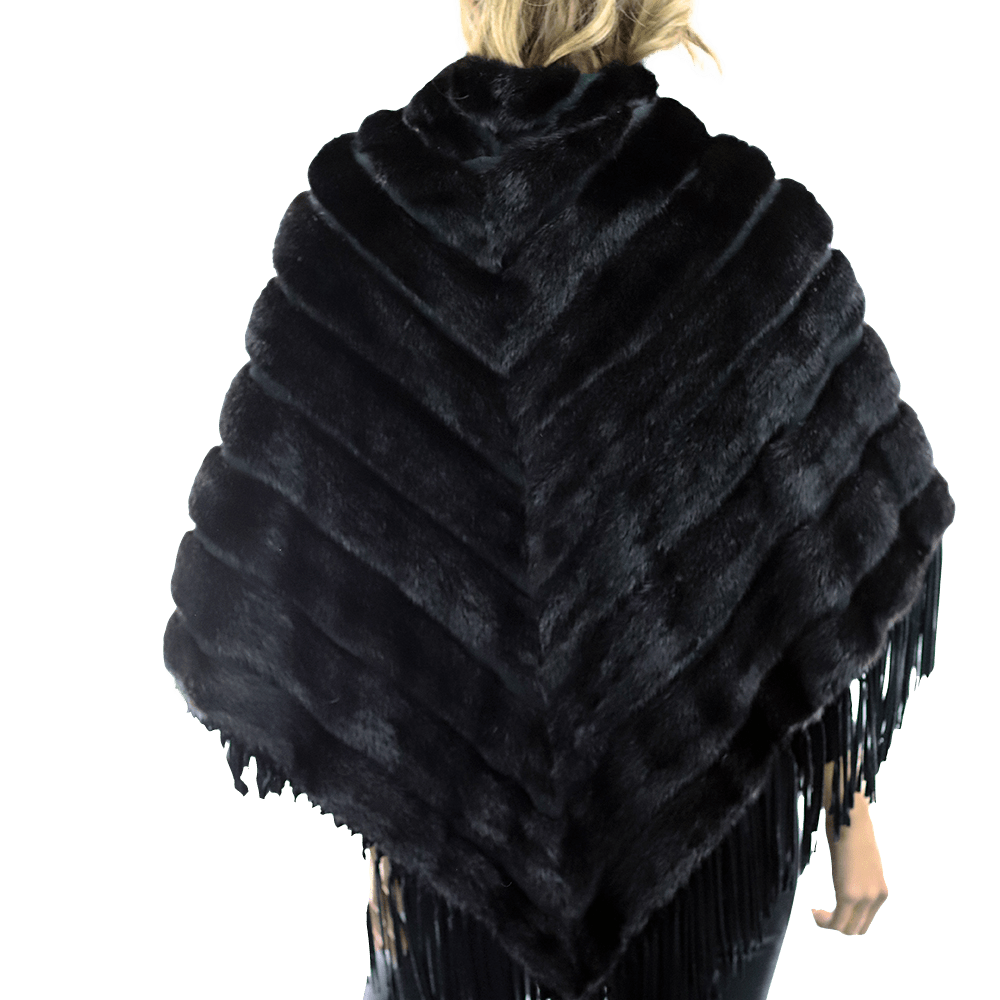 Tonal Ribbed Mink Poncho with Leather Fringes - Black - Poncho - La Fiorentina D5807_BLACK