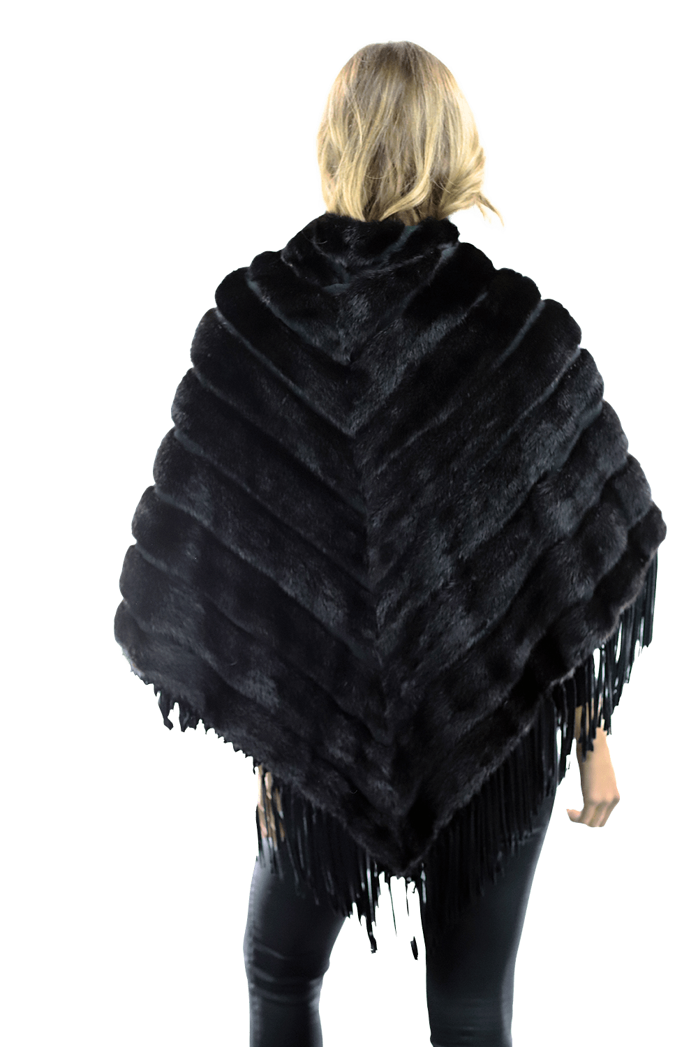 Tonal Ribbed Mink Poncho with Leather Fringes - Black - Poncho - La Fiorentina D5807_BLACK