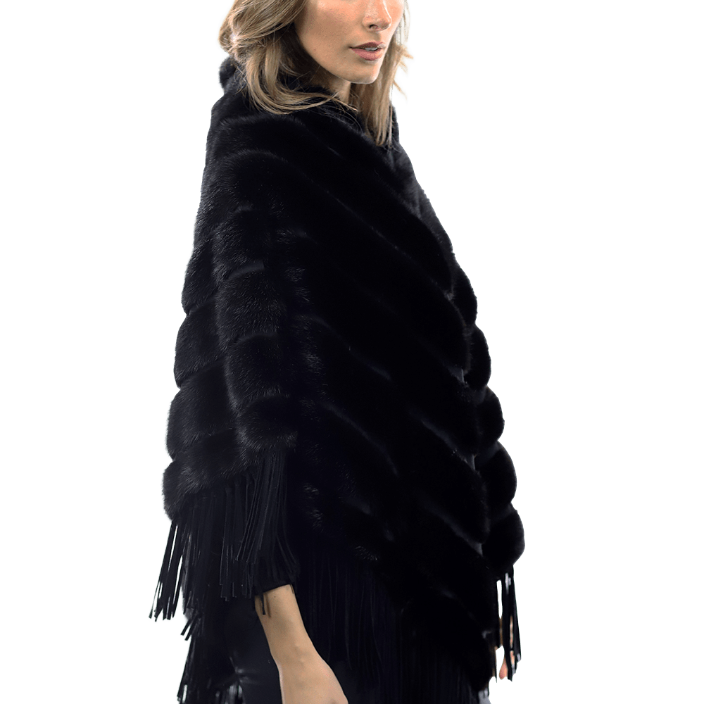 Tonal Ribbed Mink Poncho with Leather Fringes - Black - Poncho - La Fiorentina D5807_BLACK