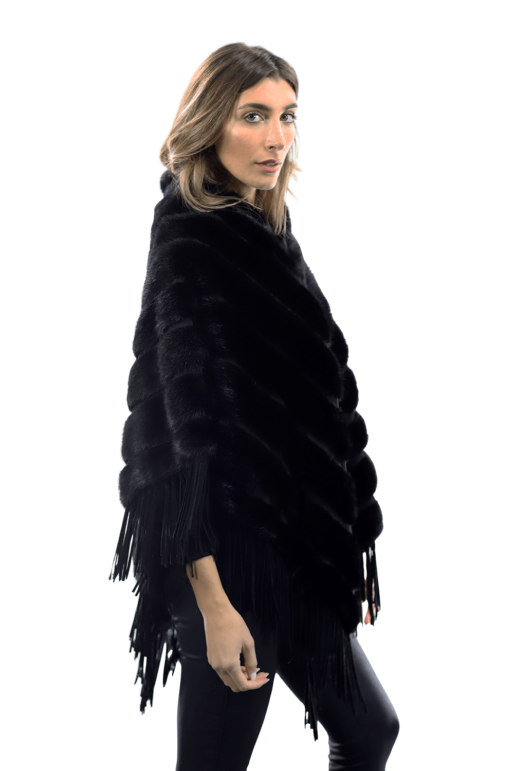 Tonal Ribbed Mink Poncho with Leather Fringes - Black - Poncho - La Fiorentina D5807_BLACK