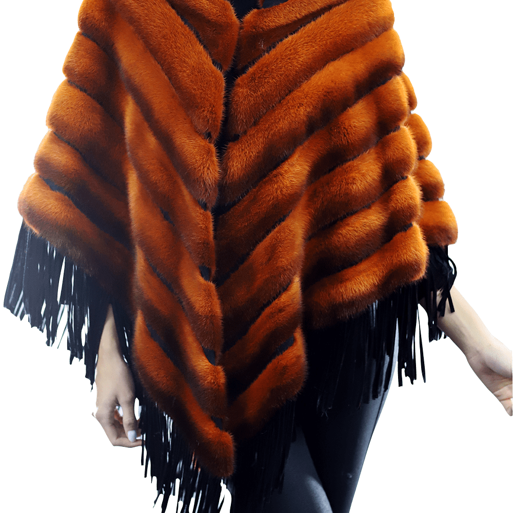Tonal Ribbed Mink Poncho with Leather Fringes - Orange - Poncho - La Fiorentina D5807_ORANGE