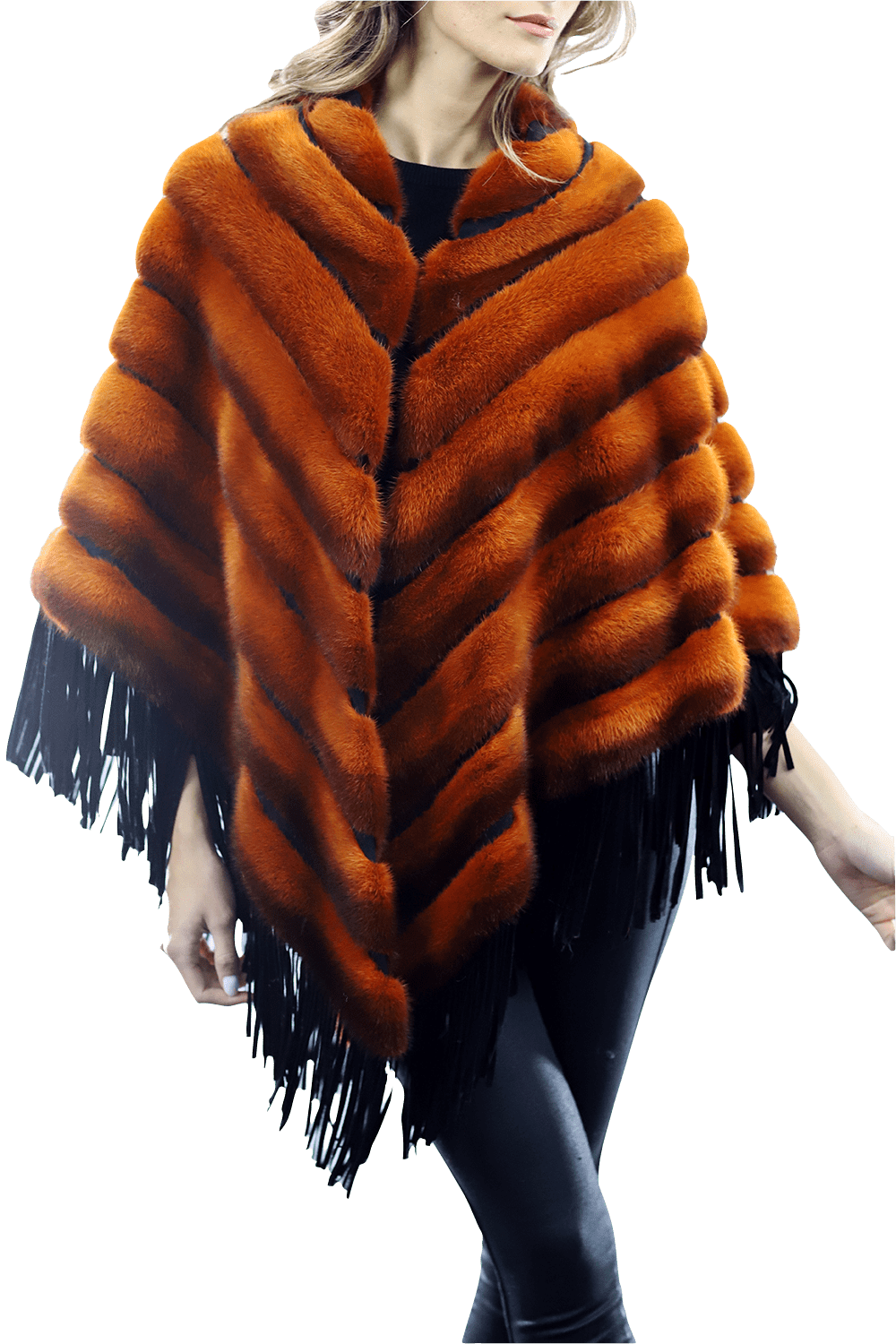 Tonal Ribbed Mink Poncho with Leather Fringes - Orange - Poncho - La Fiorentina D5807_ORANGE