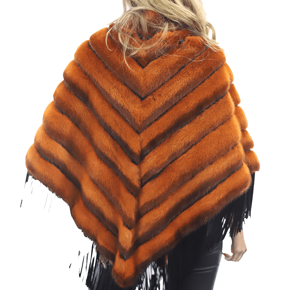 Tonal Ribbed Mink Poncho with Leather Fringes - Orange - Poncho - La Fiorentina D5807_ORANGE