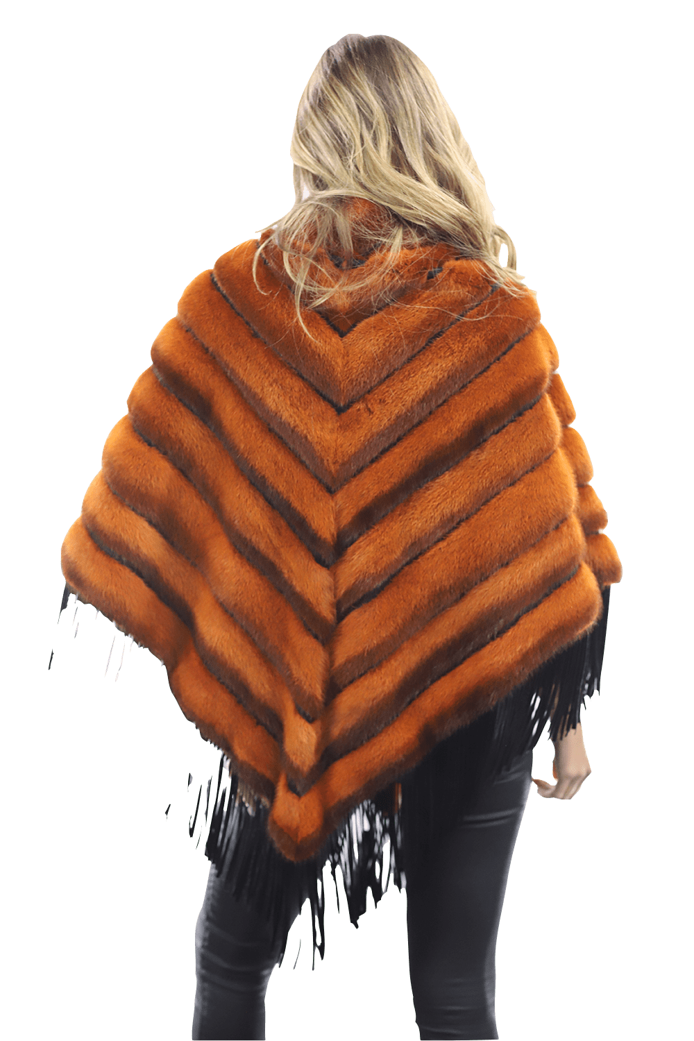 Tonal Ribbed Mink Poncho with Leather Fringes - Orange - Poncho - La Fiorentina D5807_ORANGE