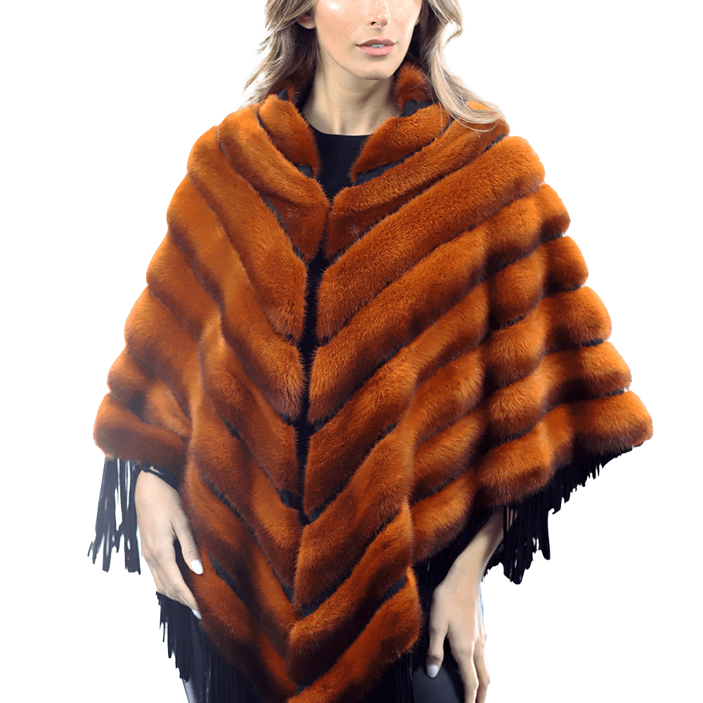 Tonal Ribbed Mink Poncho with Leather Fringes - Orange - Poncho - La Fiorentina D5807_ORANGE