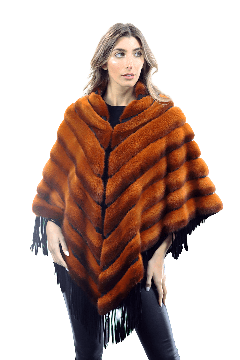 Tonal Ribbed Mink Poncho with Leather Fringes - Orange - Poncho - La Fiorentina D5807_ORANGE