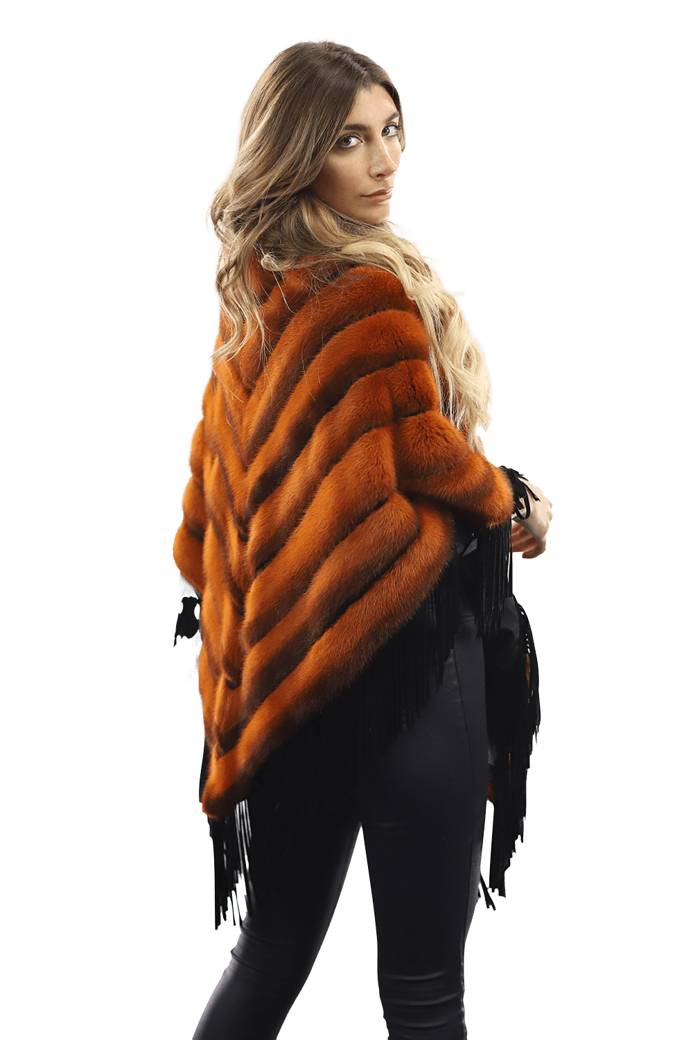 Tonal Ribbed Mink Poncho with Leather Fringes - Orange - Poncho - La Fiorentina D5807_ORANGE