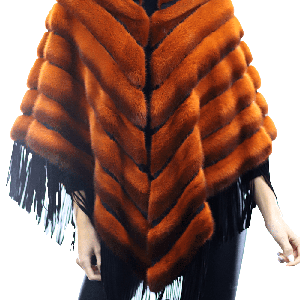 Tonal Ribbed Mink Poncho with Leather Fringes - Orange - Poncho - La Fiorentina D5807_ORANGE