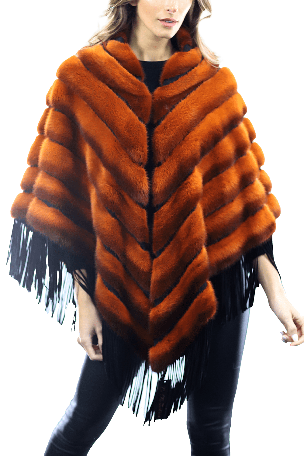 Tonal Ribbed Mink Poncho with Leather Fringes - Orange - Poncho - La Fiorentina D5807_ORANGE