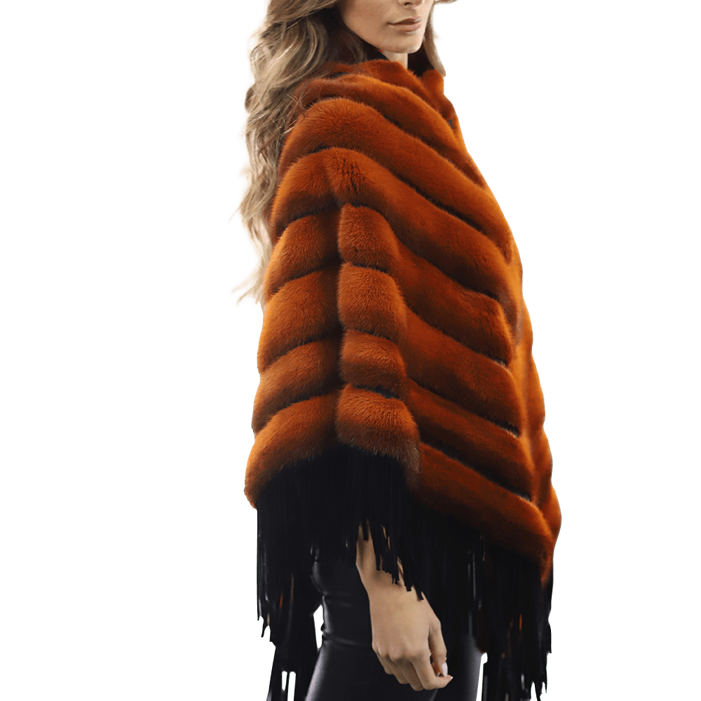 Tonal Ribbed Mink Poncho with Leather Fringes - Orange - Poncho - La Fiorentina D5807_ORANGE