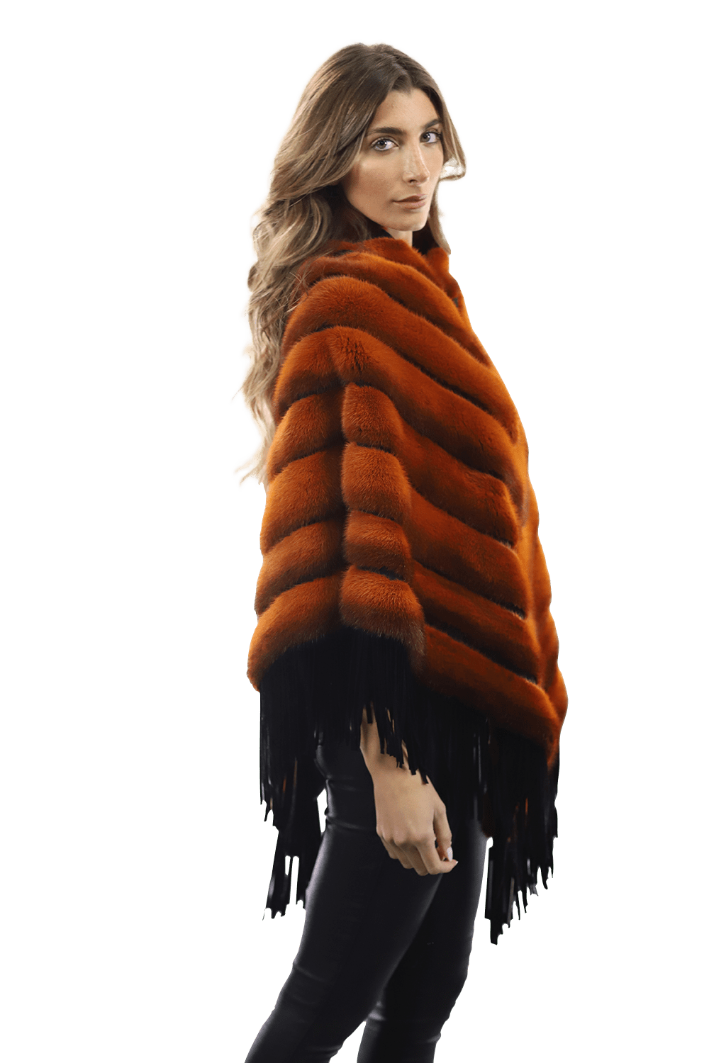 Tonal Ribbed Mink Poncho with Leather Fringes - Orange - Poncho - La Fiorentina D5807_ORANGE