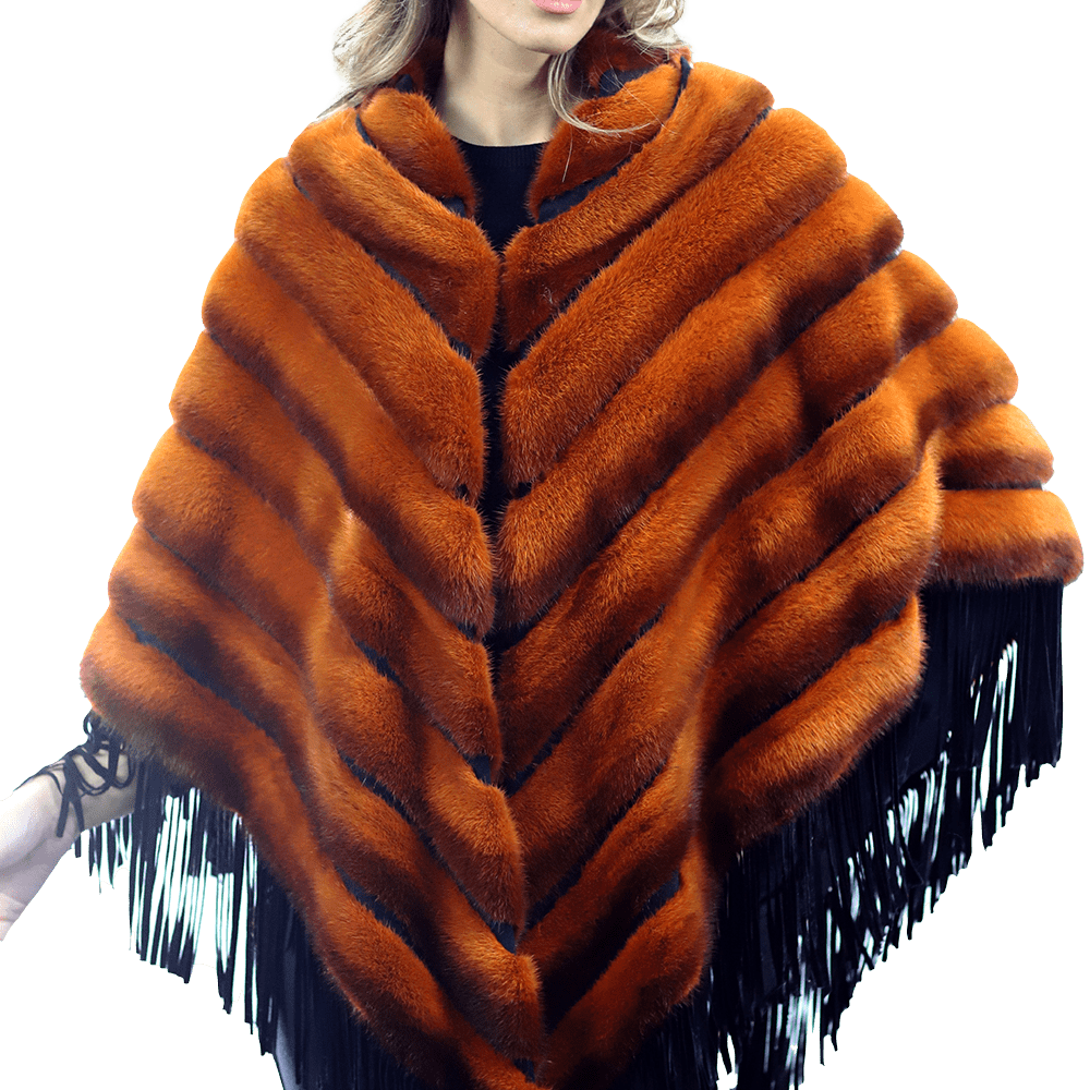 Tonal Ribbed Mink Poncho with Leather Fringes - Orange - Poncho - La Fiorentina D5807_ORANGE