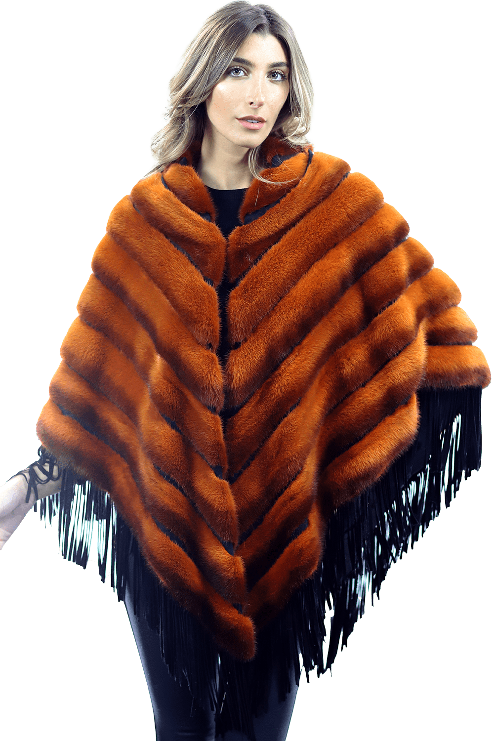 Tonal Ribbed Mink Poncho with Leather Fringes - Orange - Poncho - La Fiorentina D5807_ORANGE