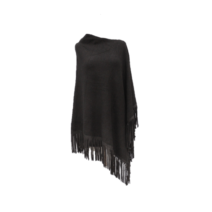 Triangle Knit Poncho with Suede Fringes - Black -  - La Fiorentina L2644