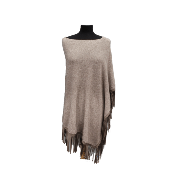 Triangle Knit Poncho with Suede Fringes - Oatmeal -  - La Fiorentina L2644