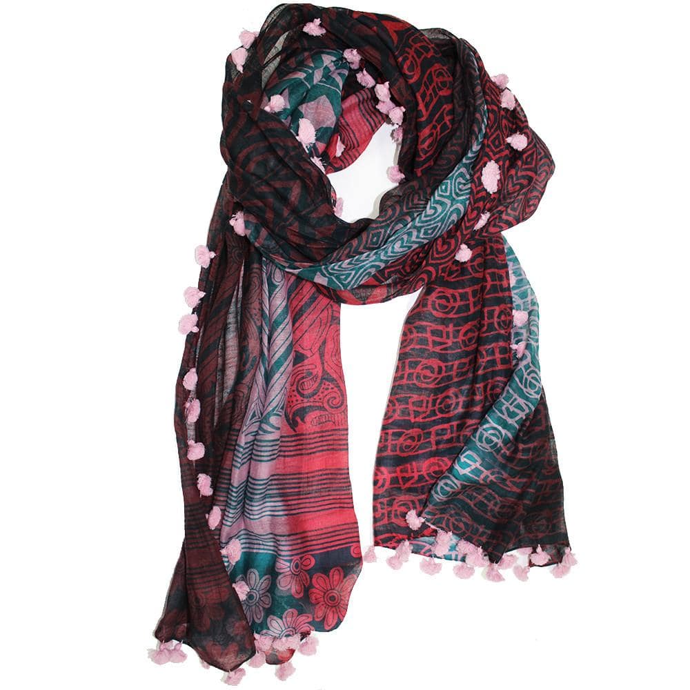 Tribal & Floral Printed Pom Pom Scarf - Pink - Scarf - La Fiorentina EF-2588