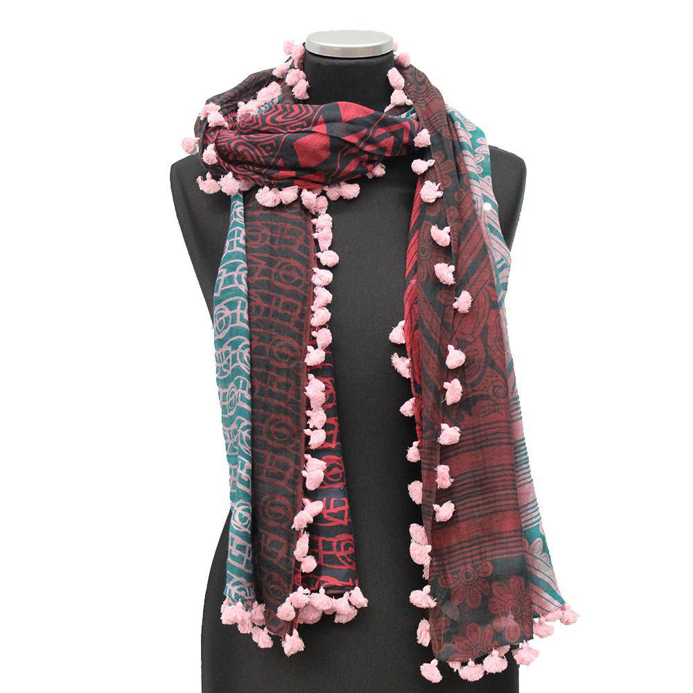 Tribal & Floral Printed Pom Pom Scarf - Pink - Scarf - La Fiorentina EF-2588