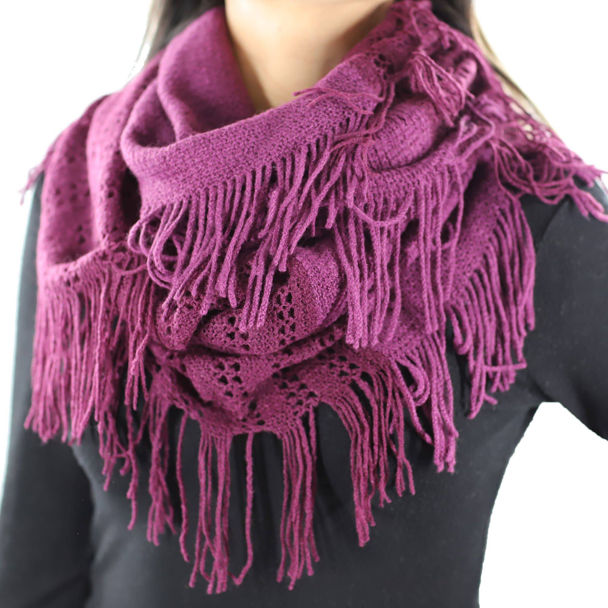 Two Toned Knit/Crochet Scarf w/ Tassels - Amethyst/Deep Plum - Muffler - La Fiorentina 220503-21_PLUM