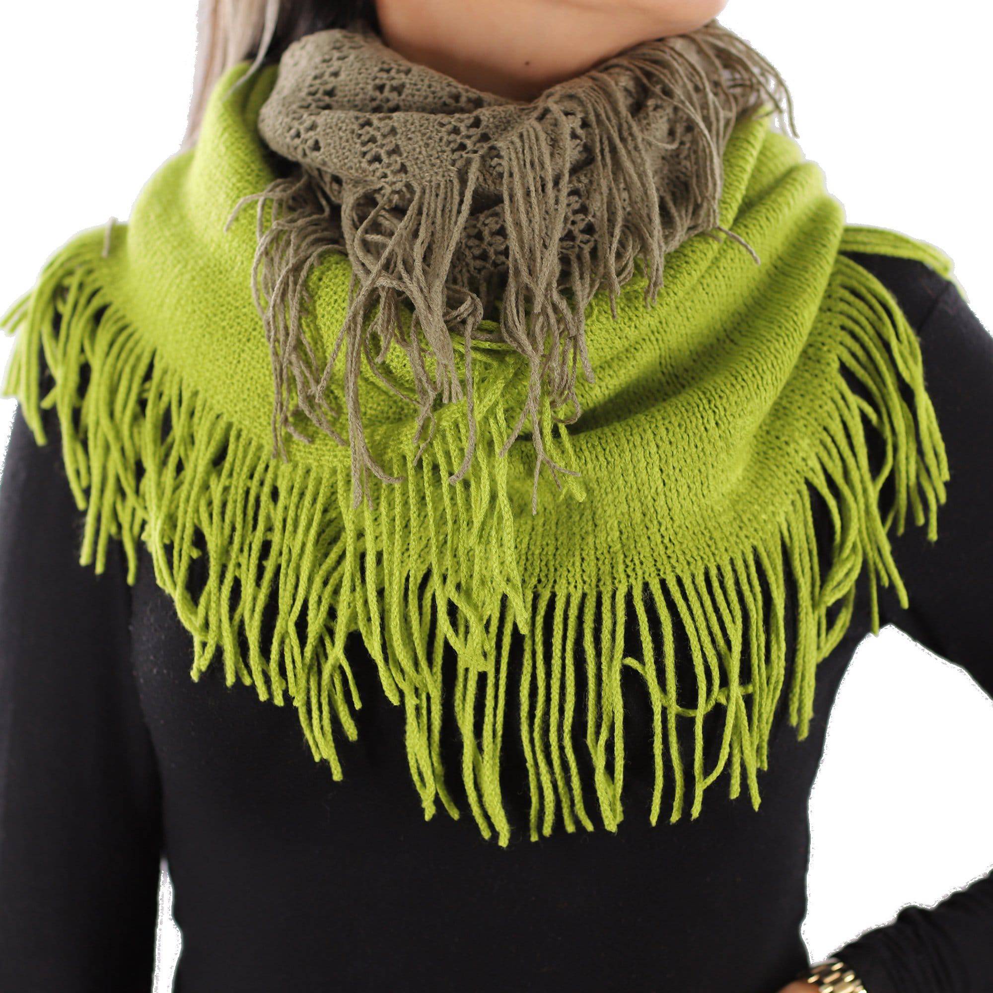 Two Toned Knit/Crochet Scarf w/ Tassels - Bright Sage/Olive Green - Muffler - La Fiorentina 220503-21_GREEN