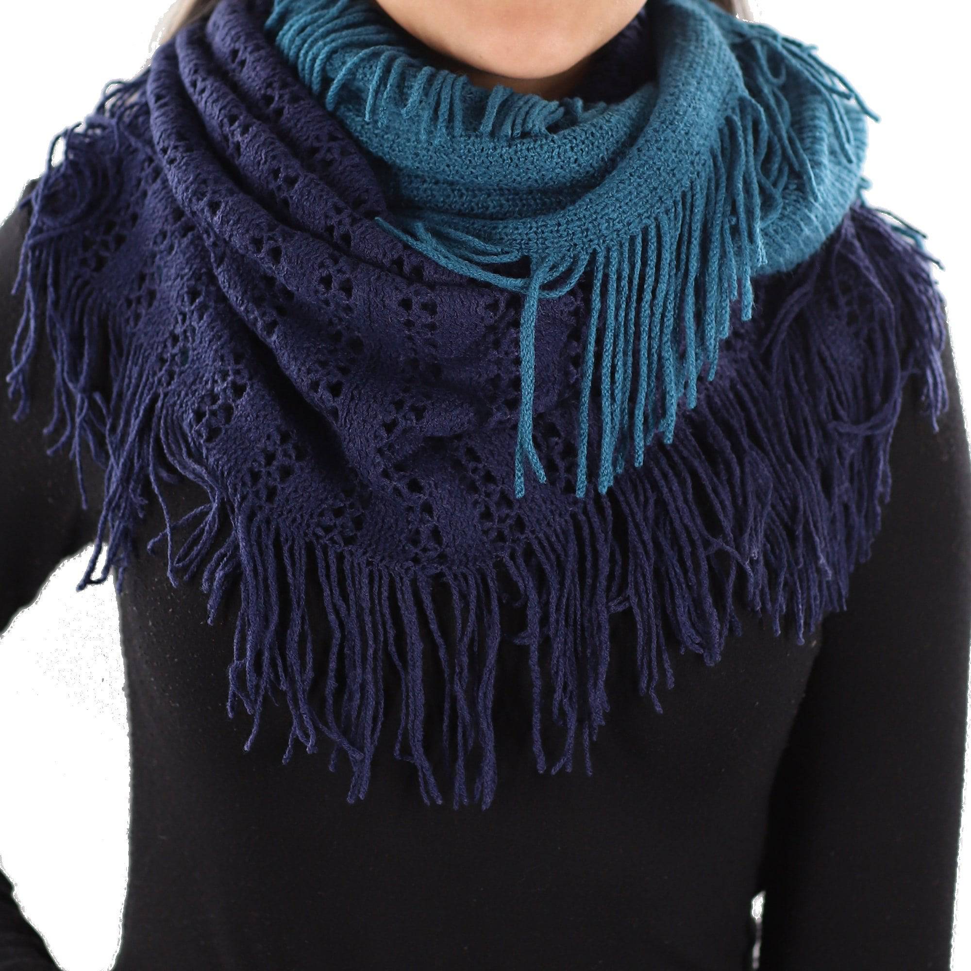 Two Toned Knit/Crochet Scarf w/ Tassels - Deep Ocean/Midnight Blue - Muffler - La Fiorentina 220503-21_OCEAN