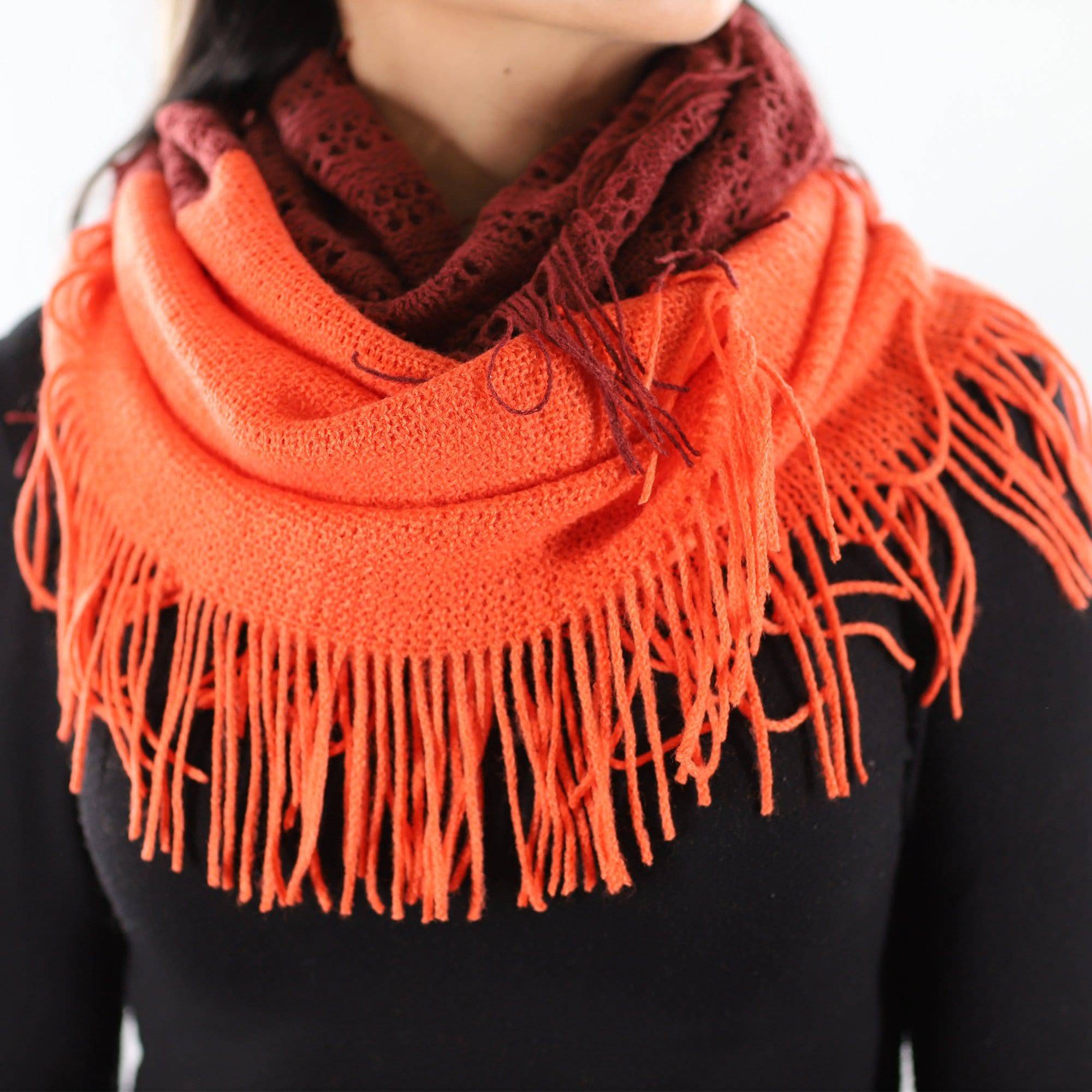 Two Toned Knit/Crochet Scarf w/ Tassels - Terra Cotta/Burnt Sienna - Muffler - La Fiorentina 220503-21_SIENNA