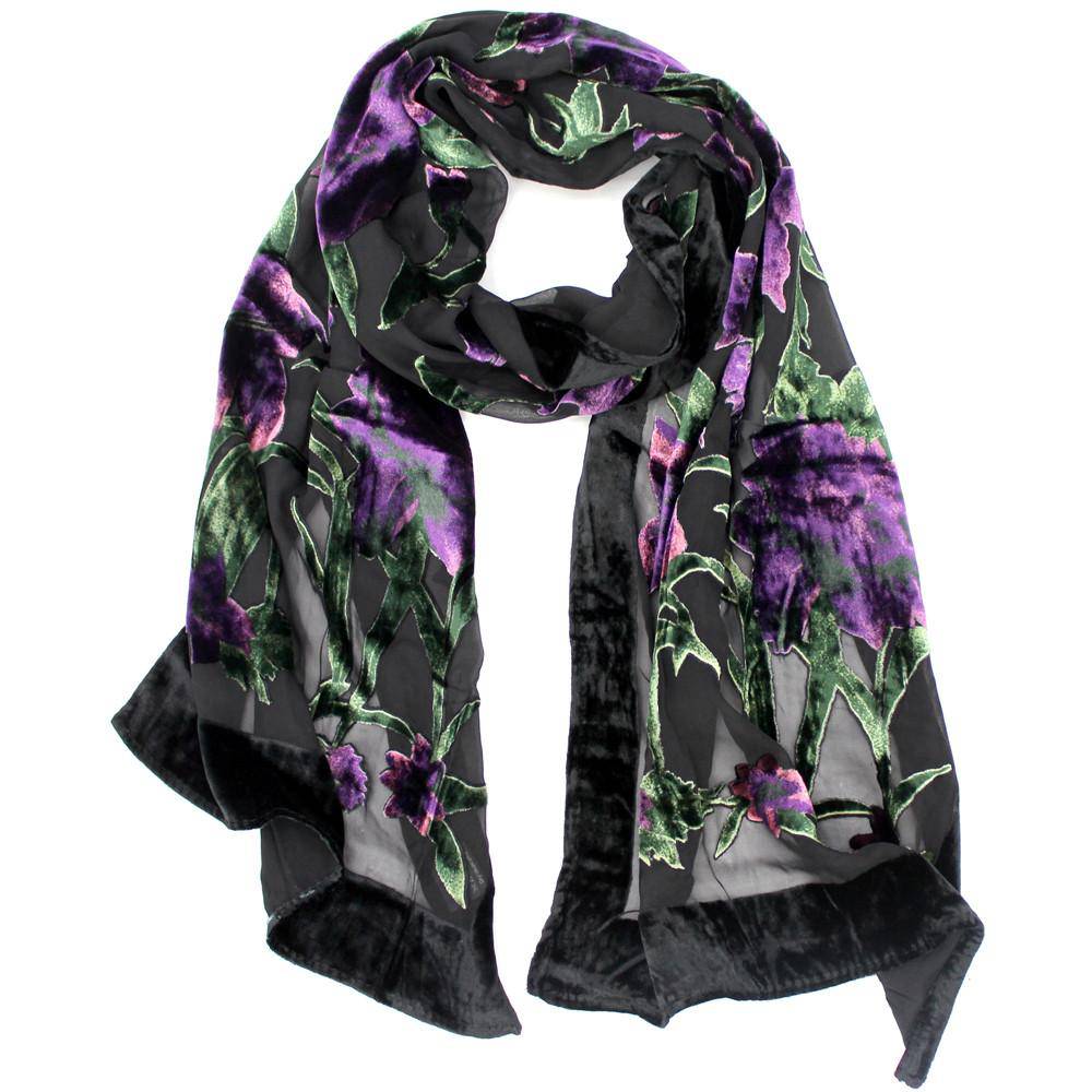 Velvet Floral Scarf-Purple/Black - Scarf - La Fiorentina S120