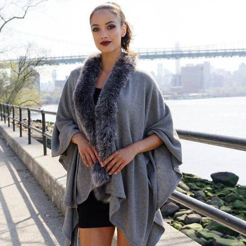 Wool Wrap with Fur Trim -  - La Fiorentina,Grey TN-119-WOOL