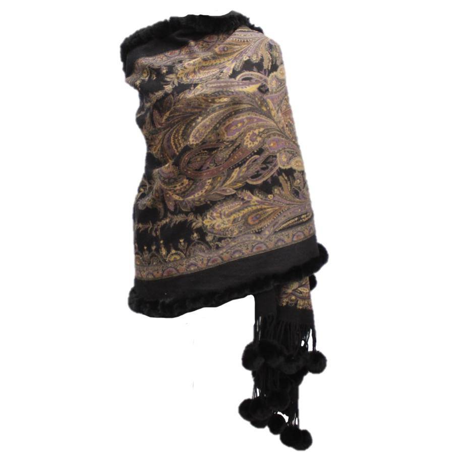 Wool Wrap with Poms -Black -  - La Fiorentina Wool803