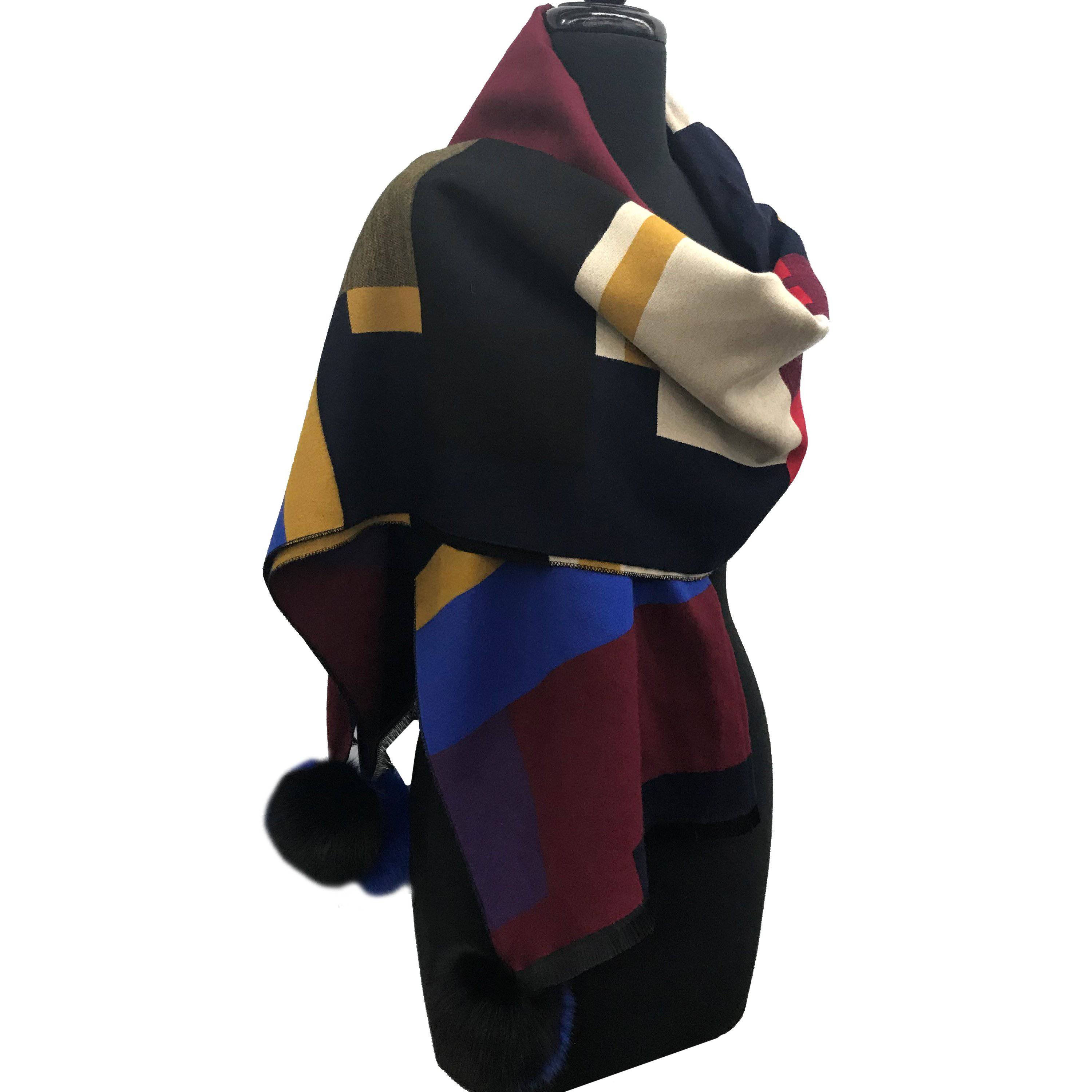 Woven Scarf with Fox Fur Poms- Navy Mixed - Wrap - La Fiorentina Tina-59-C