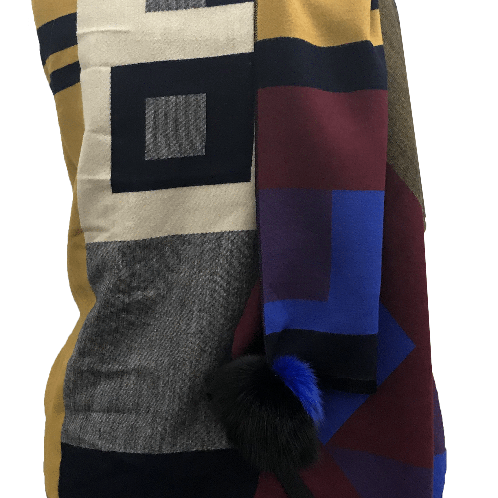 Woven Scarf with Fox Fur Poms- Navy Mixed - Wrap - La Fiorentina Tina-59-C