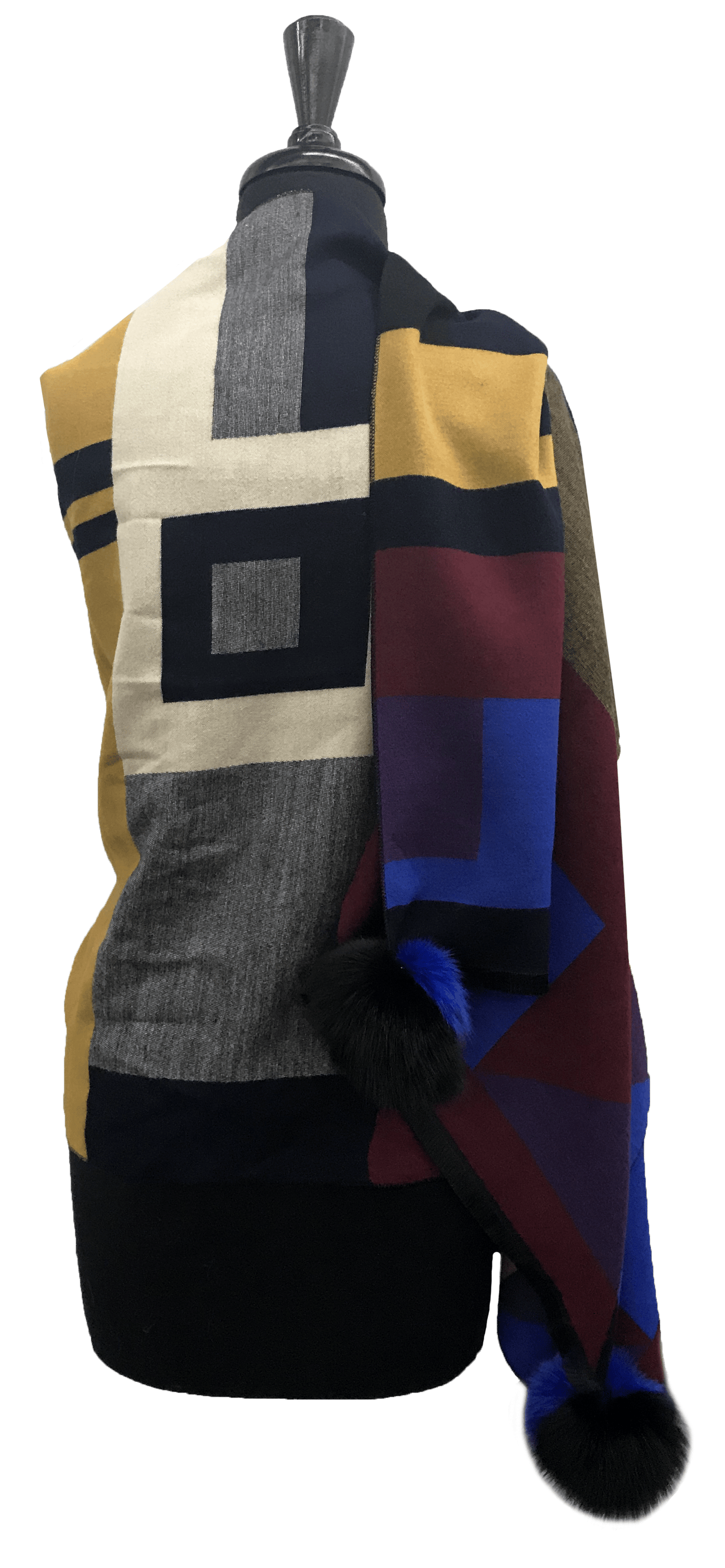 Woven Scarf with Fox Fur Poms- Navy Mixed - Wrap - La Fiorentina Tina-59-C