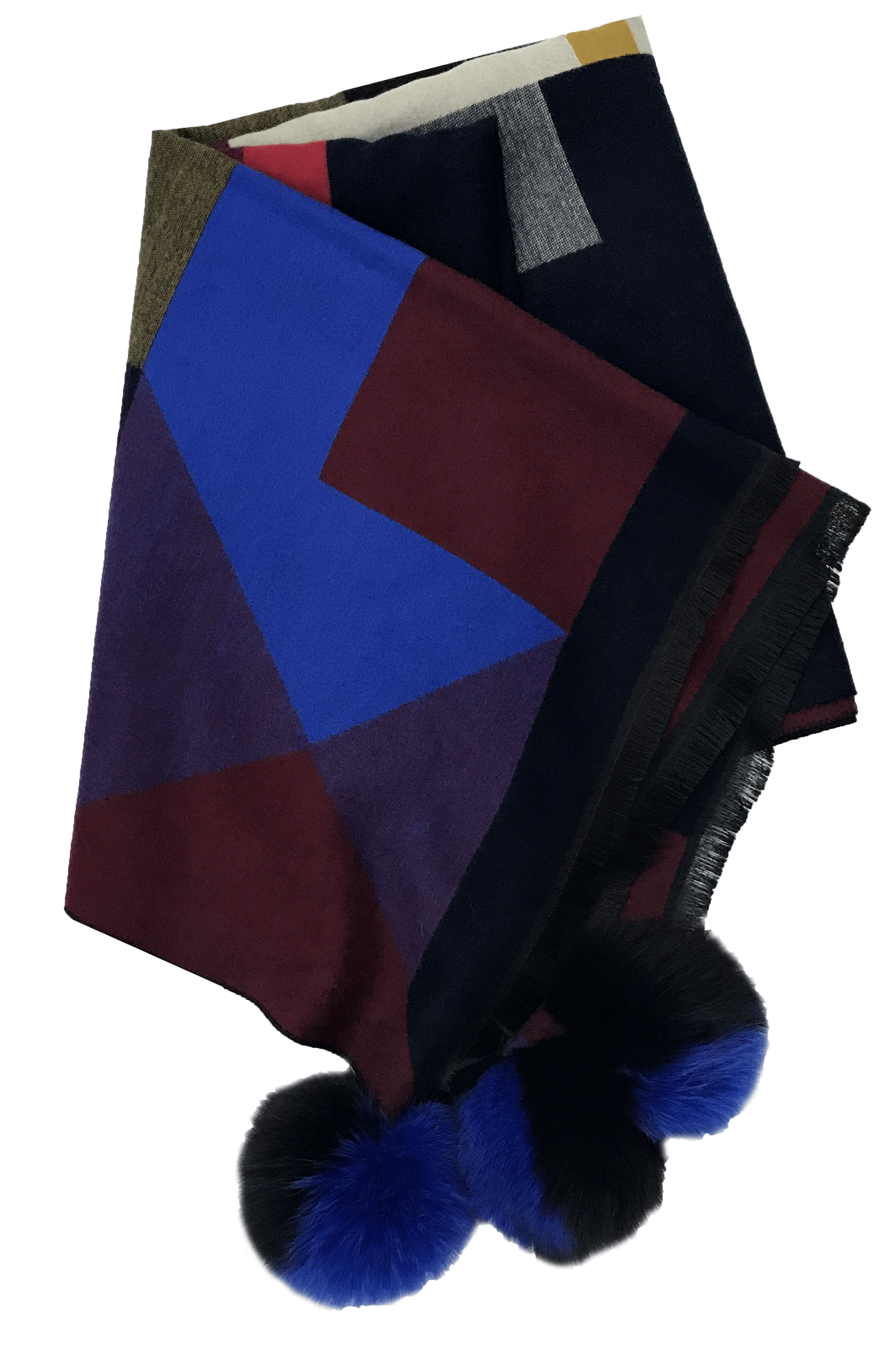 Woven Scarf with Fox Fur Poms- Navy Mixed - Wrap - La Fiorentina Tina-59-C