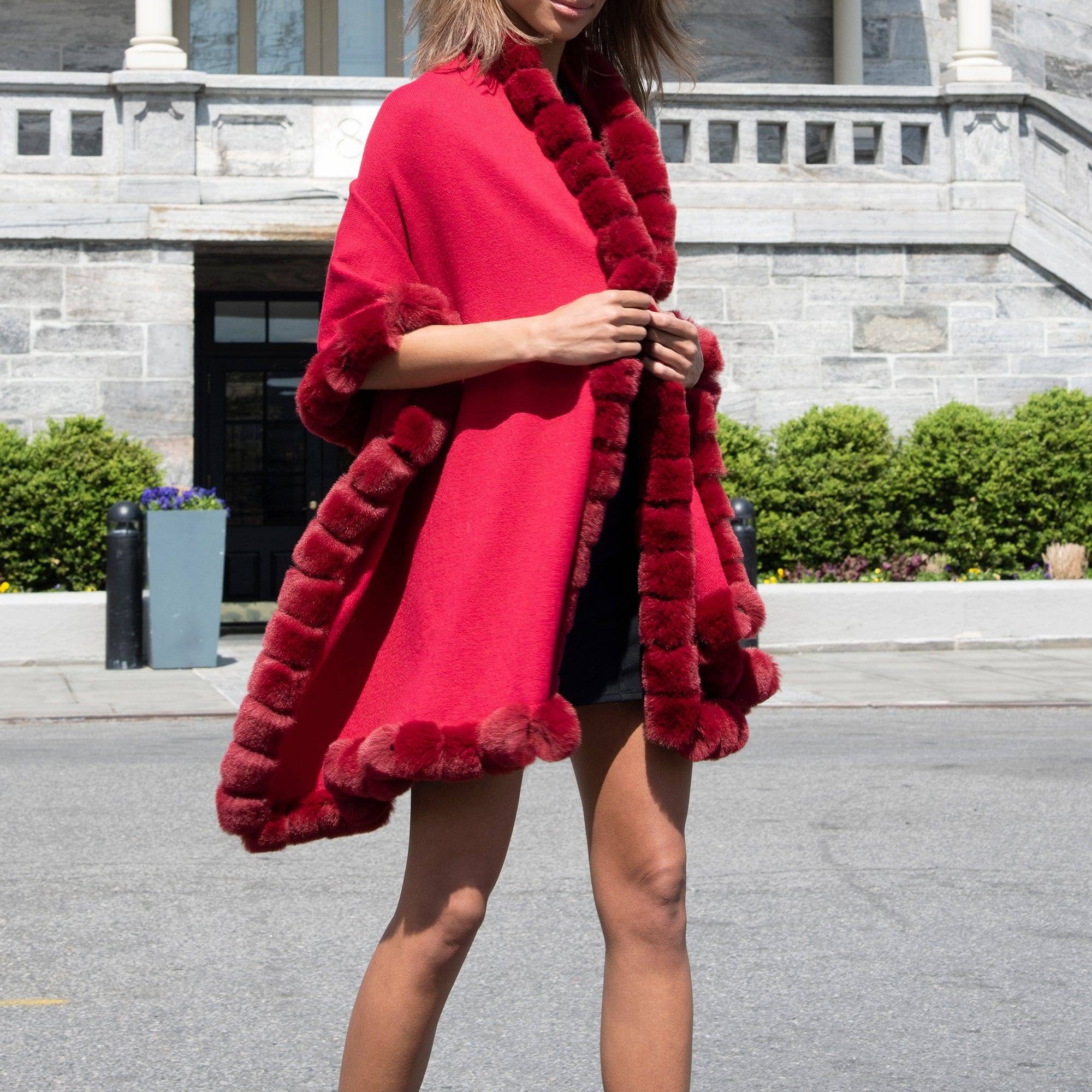 Wrap Scarf with Faux Trim - Red - Faux Fur Wrap - La Fiorentina 217091-FAUX -Red